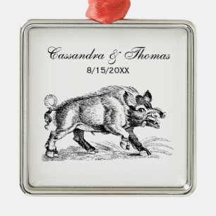 Vintage Wild Boar Drawing BW #2 Metal Ornament