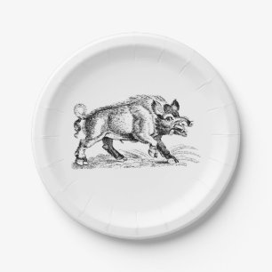 Vintage Wild Boar Drawing BW #2 Paper Plate