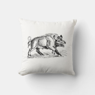 Vintage Wild Boar Drawing BW #2 Throw Pillow