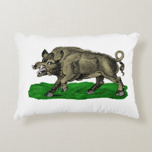 Vintage Wild Boar Drawing BW #3C Accent Pillow