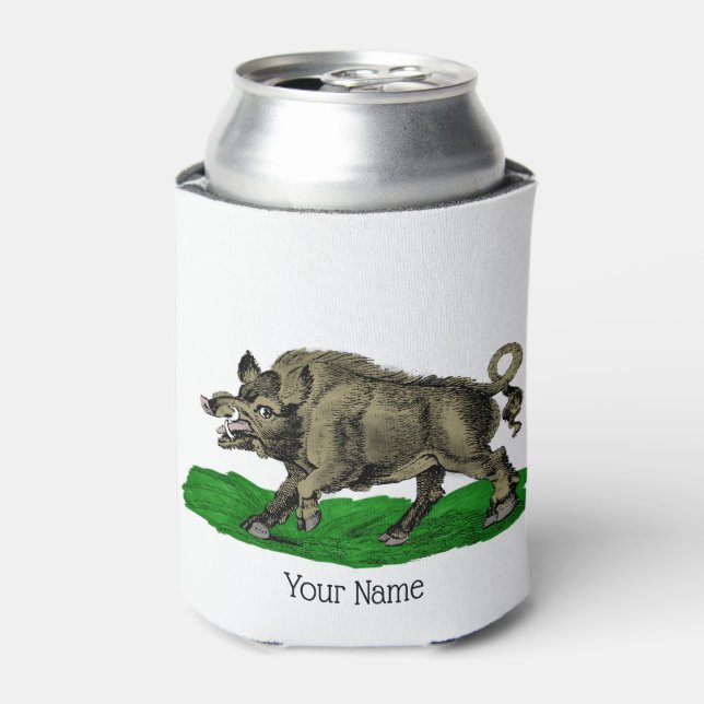 Vintage Wild Boar Drawing BW #3C Can Cooler (Can Front)