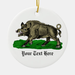 Vintage Wild Boar Drawing BW #3C Ceramic Ornament
