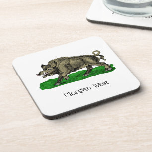 Vintage Wild Boar Drawing BW #3C Coaster