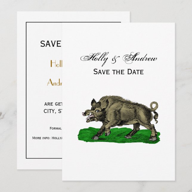 Vintage Wild Boar Drawing BW #3C Invitation (Front/Back)