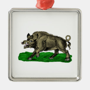 Vintage Wild Boar Drawing BW #3C Metal Ornament