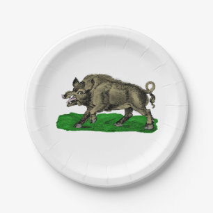 Vintage Wild Boar Drawing BW #3C Paper Plate