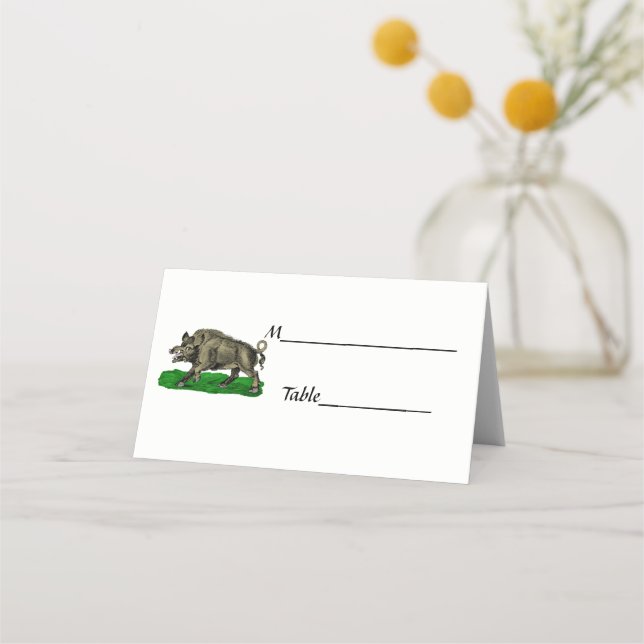 Vintage Wild Boar Drawing BW #3C Place Card (Back)