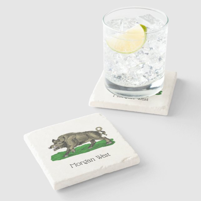 Vintage Wild Boar Drawing BW #3C Stone Coaster (Side)