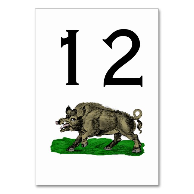 Vintage Wild Boar Drawing BW #3C Table Number (Front)
