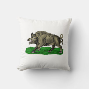 Vintage Wild Boar Drawing BW #3C Throw Pillow