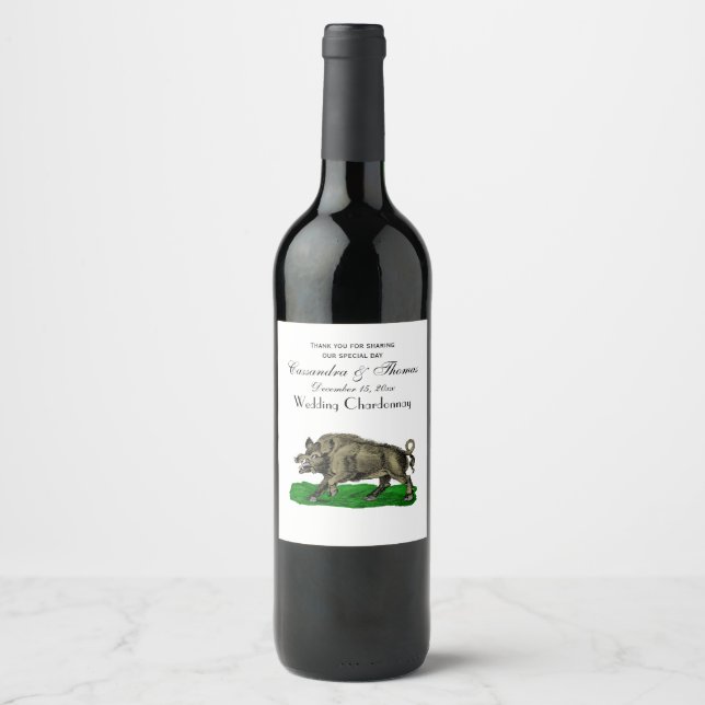 Vintage Wild Boar Drawing BW #3C Wine Label (Front)