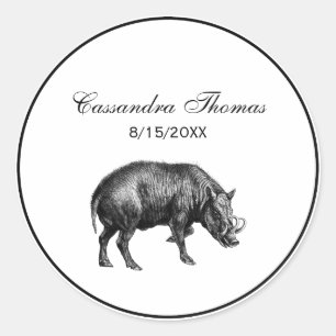 Vintage Wild Boar Drawing BW Classic Round Sticker