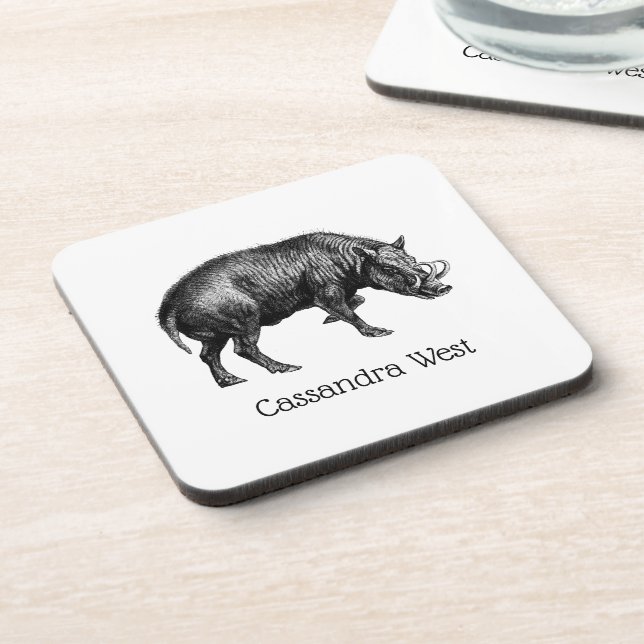 Vintage Wild Boar Drawing BW Coaster (Left Side)