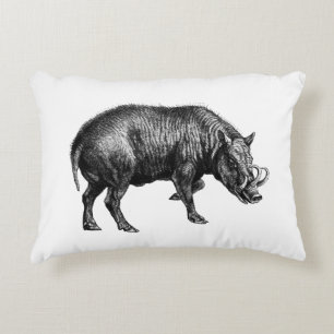 Vintage Wild Boar Drawing BW Decorative Pillow