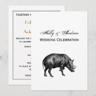 Vintage Wild Boar Drawing BW Invitation