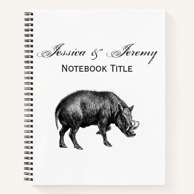 Vintage Wild Boar Drawing BW Notebook (Front)
