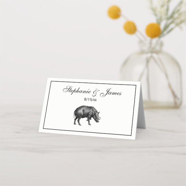 Vintage Wild Boar Drawing BW Place Card (Front)