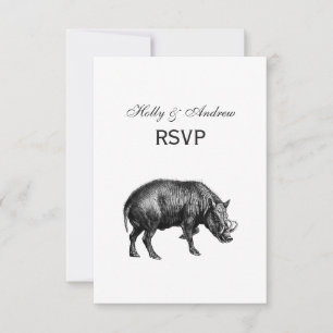 Vintage Wild Boar Drawing BW RSVP Card