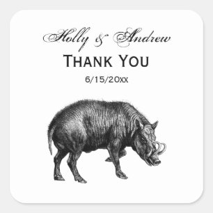 Vintage Wild Boar Drawing BW Square Sticker