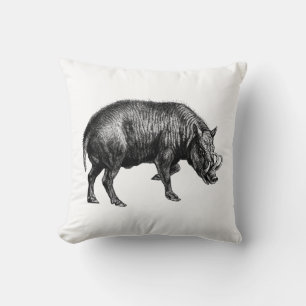 Vintage Wild Boar Drawing BW Throw Pillow