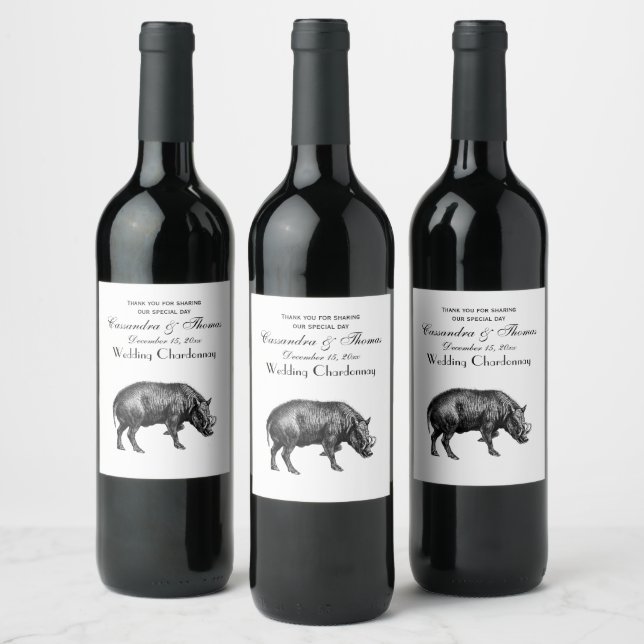 Vintage Wild Boar Drawing BW Wine Label (Bottles)