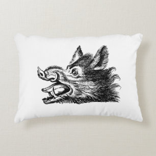 Vintage Wild Boar Head Drawing BW Accent Pillow