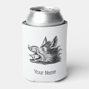 Vintage Wild Boar Head Drawing BW Can Cooler