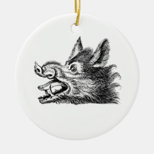 Vintage Wild Boar Head Drawing BW Ceramic Ornament