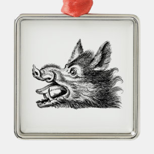 Vintage Wild Boar Head Drawing BW Metal Ornament