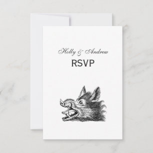 Vintage Wild Boar Head Drawing BW RSVP Card