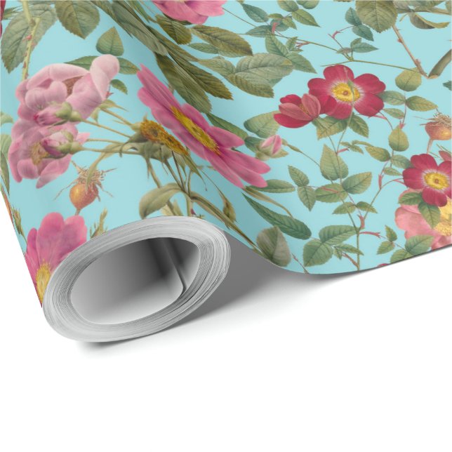 Vintage Wild Rose Gift Paper in Pool Blue (Roll Corner)