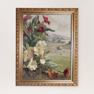 Vintage Wild Roses and Rustic Scene Jigsaw Puzzle