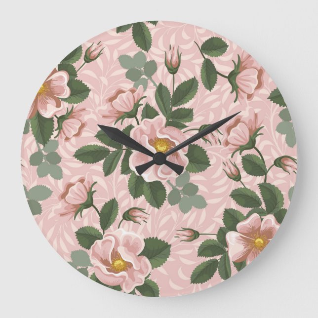Vintage Wild Roses: Floral Background Large Clock (Front)