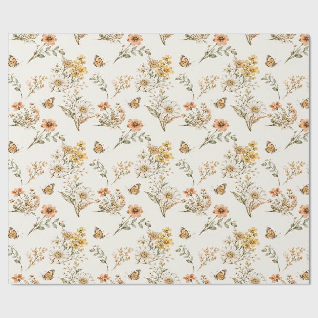 Vintage Wildflower and Butterfly Seamless Pattern  Wrapping Paper (Flat)