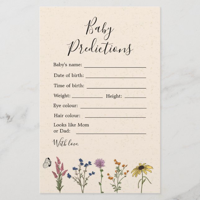 Vintage Wildflower Baby Shower Baby Predictions (Front)