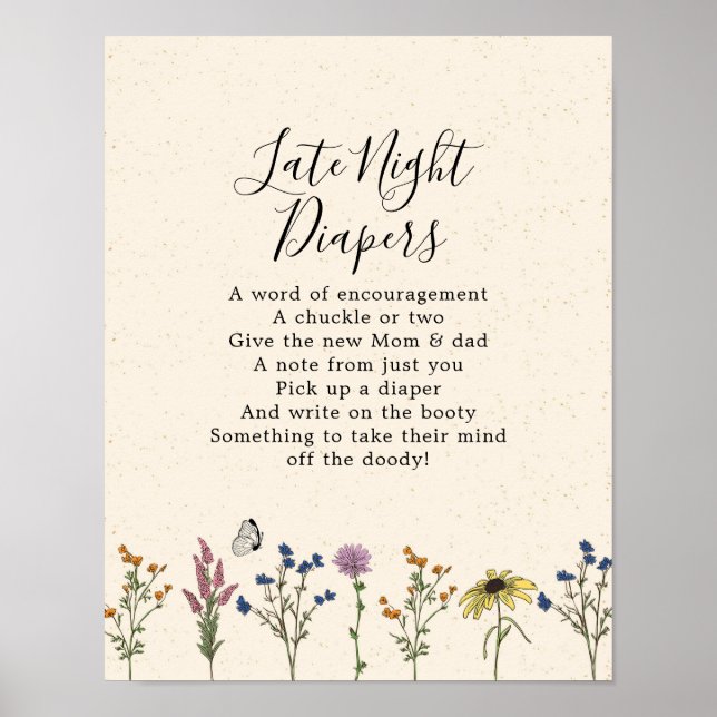 Vintage Wildflower Baby Shower Late Night Diaper Poster (Front)