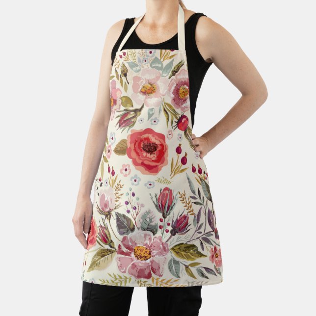 Vintage Wildflower Cream Floral Pattern Baker Apron (Insitu)