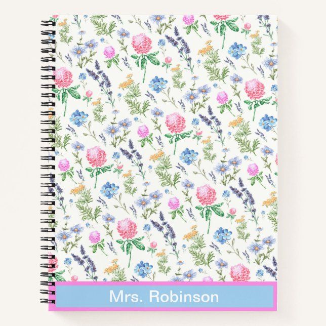 Vintage Wildflower Custom Name Pretty Floral Notebook (Front)