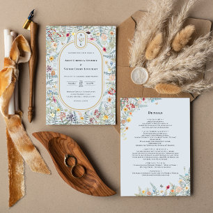 Vintage Wildflower Dusty Blue Monogram Details and Invitation