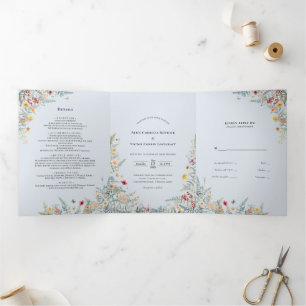 Vintage Wildflower Dusty Blue Wedding Monogram Tri-Fold Invitation