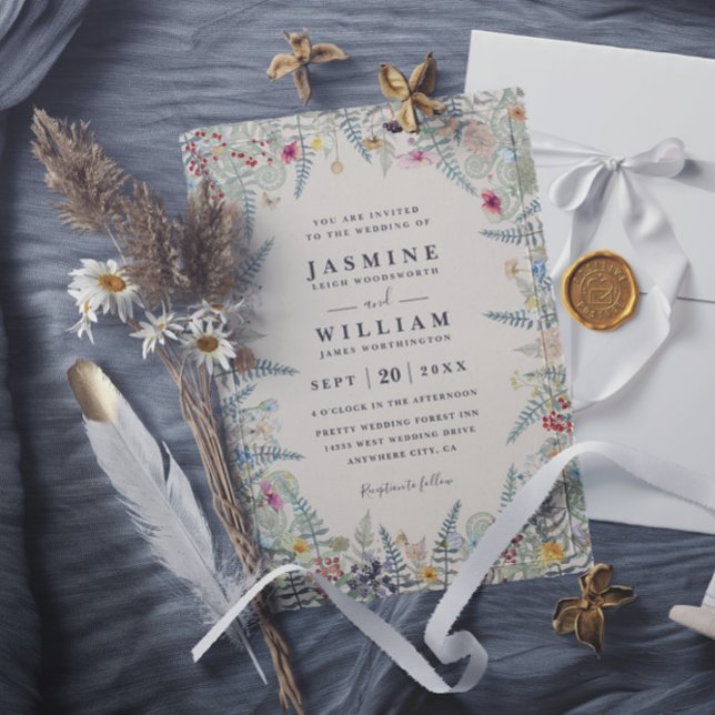 Vintage Wildflower Fern Beige QR Code Wedding Invitation (Creator Uploaded)