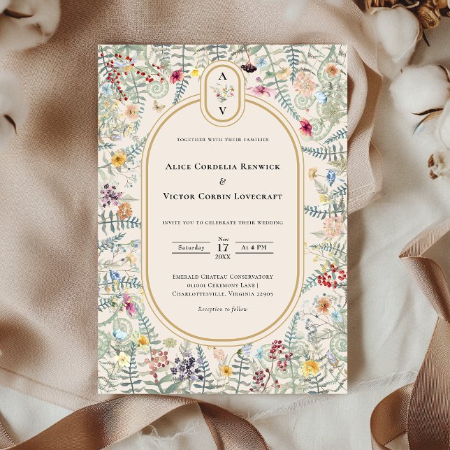 Vintage Wildflower Fern Beige Wedding Monogram Invitation (Creator Uploaded)