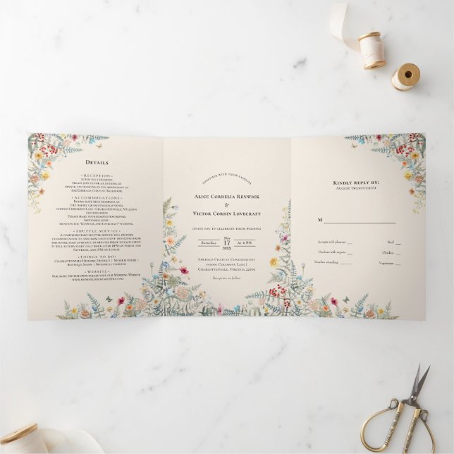 Vintage Wildflower Fern Beige Wedding Tri-Fold Invitation (Inside)