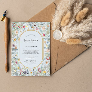 Vintage Wildflower Fern Dusty Blue Bridal Shower Invitation