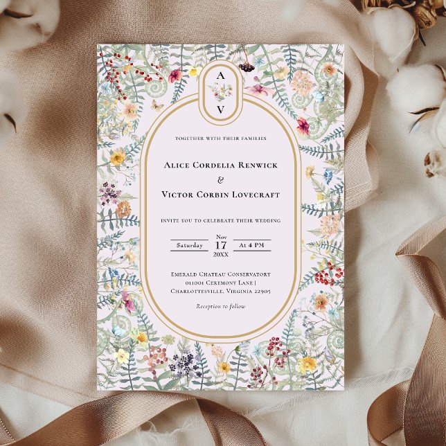 Vintage Wildflower Fern Lavender Wedding Monogram Invitation (Creator Uploaded)