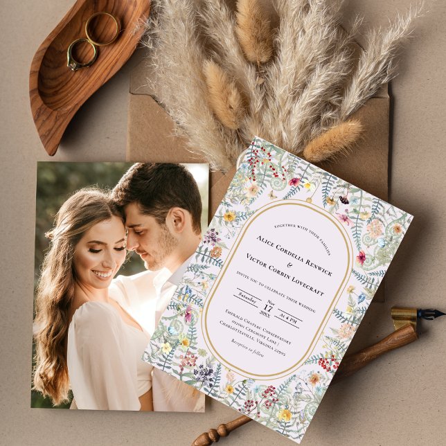Vintage Wildflower Fern Lavender Wedding Photo Invitation (Creator Uploaded)