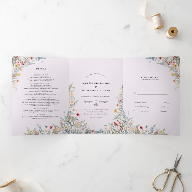 Vintage Wildflower Fern Lavender Wedding Tri-Fold Invitation (Inside)