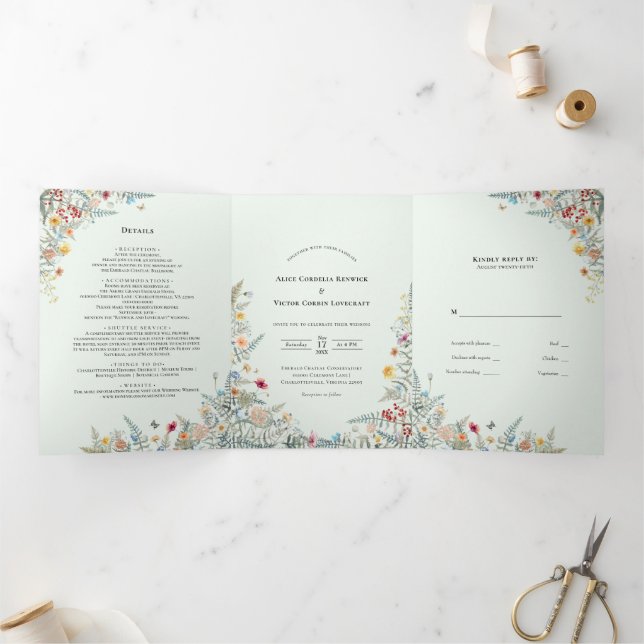 Vintage Wildflower Fern Mint Green Wedding Tri-Fold Invitation (Inside)