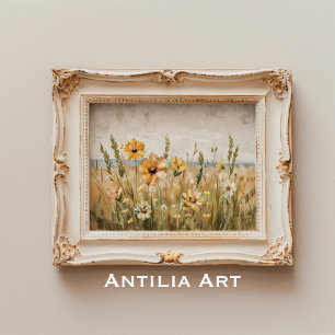 Vintage Wildflower Field Painting Spring Landscape Poster