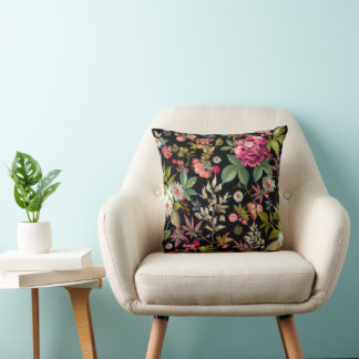 Vintage Wildflower Floral Art Black Throw Pillow